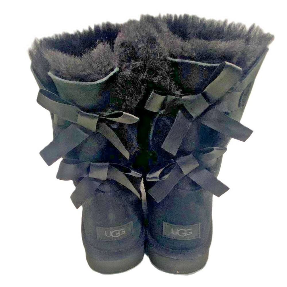 UGG Bailey Bow II Black Suede Twinface Sheepskin Winter Boots Women 10